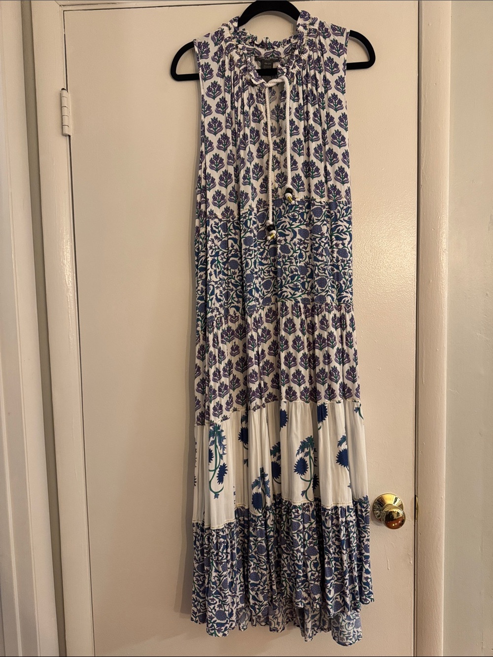 Chelsea & Theodore Tiered Maxi Dress with Blue & White Boho Floral Print, 2X